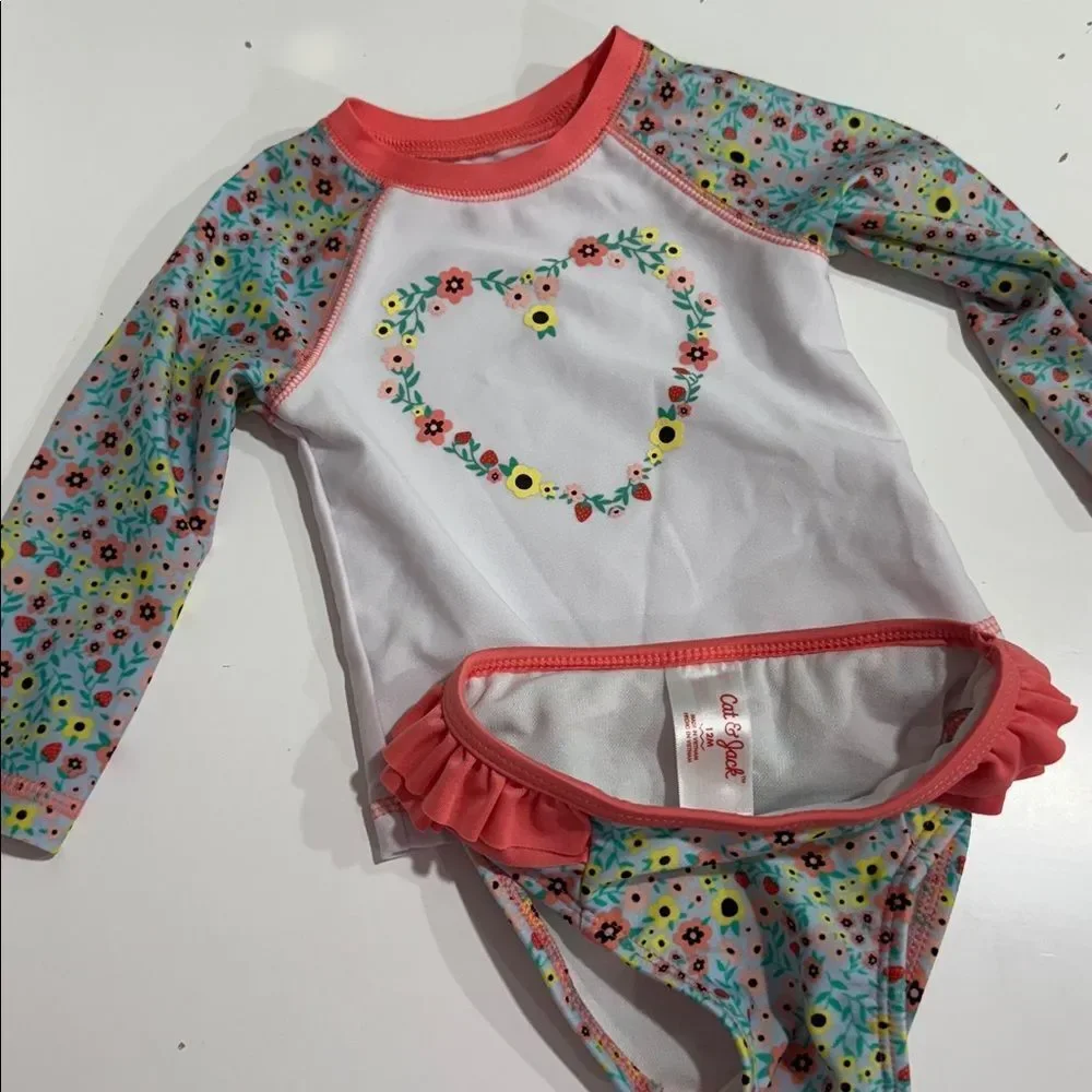 Girls Mixed Swimsuit Set - Teal, Coral & White EUC